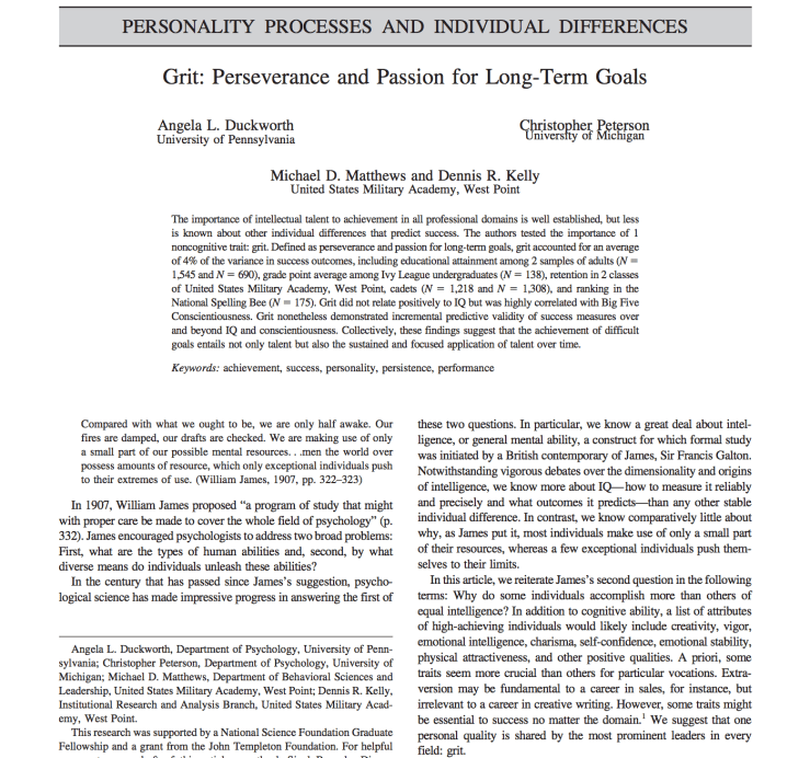 Research Study on Grit: Perseverance and Passion for Long-Term Goals